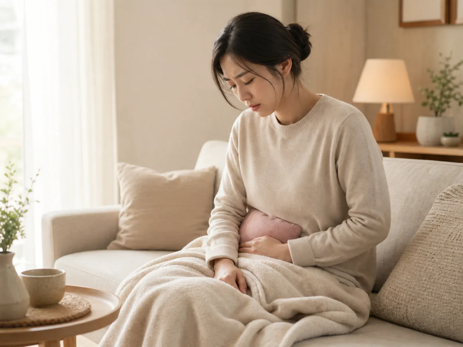 형인재 한의원 조기폐경 생리 주기 변화와 하복부 컨디션 관리를 상징하는 여성 휴식 장면